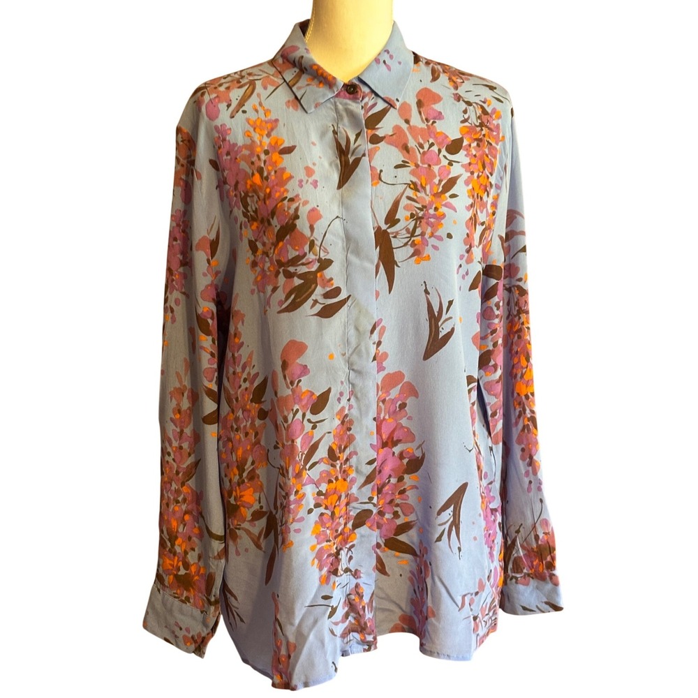 Falconeri Seta Collection Silk Floral Button Down Shirt Blue Purple Italian L